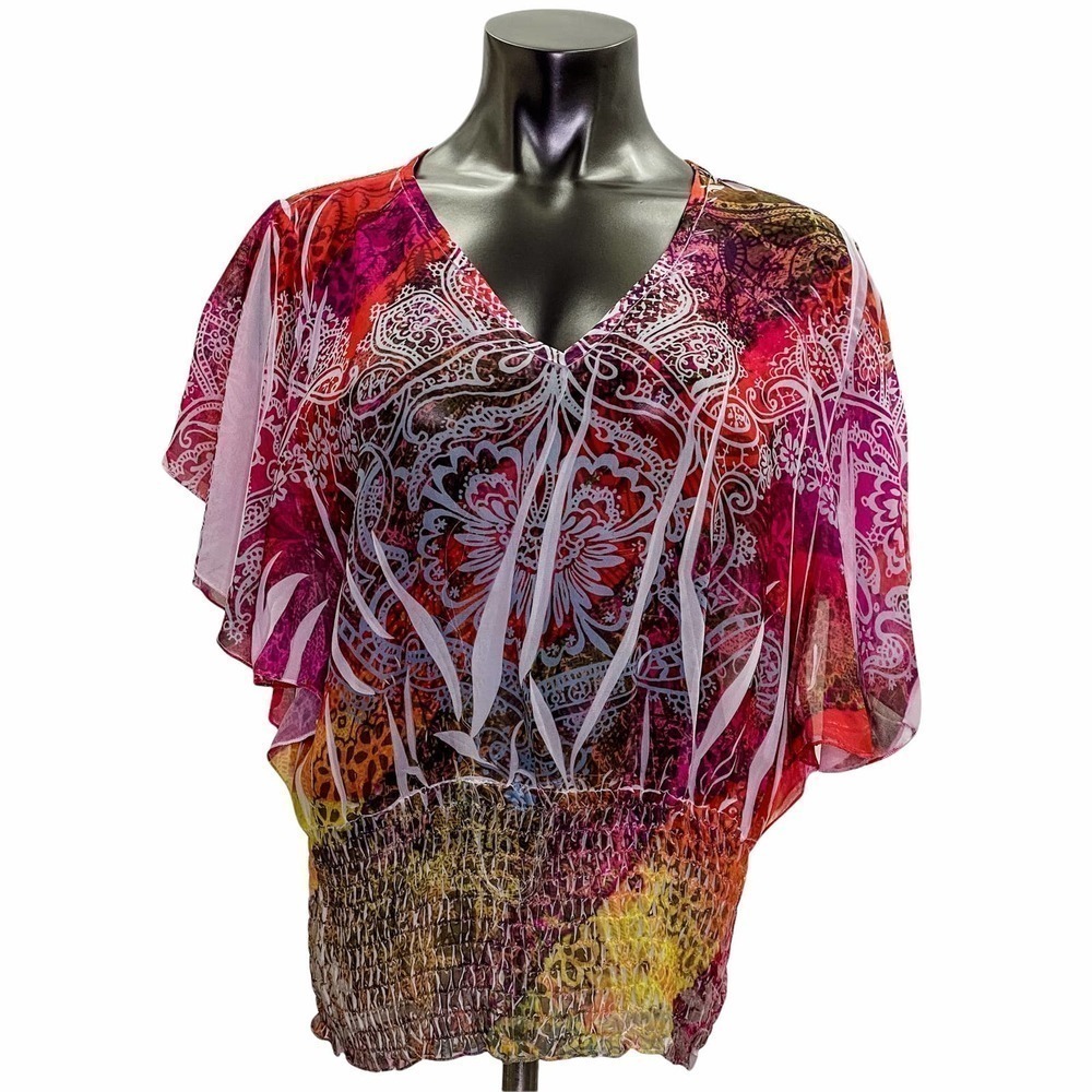 SIMPLY Irresistible Multicolored Printed Smocked Waist Dolman Sleeve Blouse